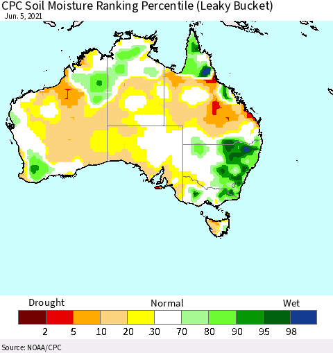 Australia CPC Soil Moisture Ranking Percentile (Leaky Bucket) Thematic Map For 6/1/2021 - 6/5/2021