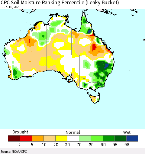 Australia CPC Soil Moisture Ranking Percentile (Leaky Bucket) Thematic Map For 6/6/2021 - 6/10/2021