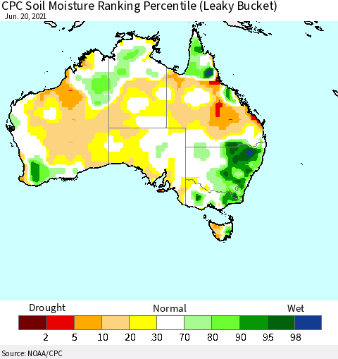 Australia CPC Soil Moisture Ranking Percentile (Leaky Bucket) Thematic Map For 6/16/2021 - 6/20/2021