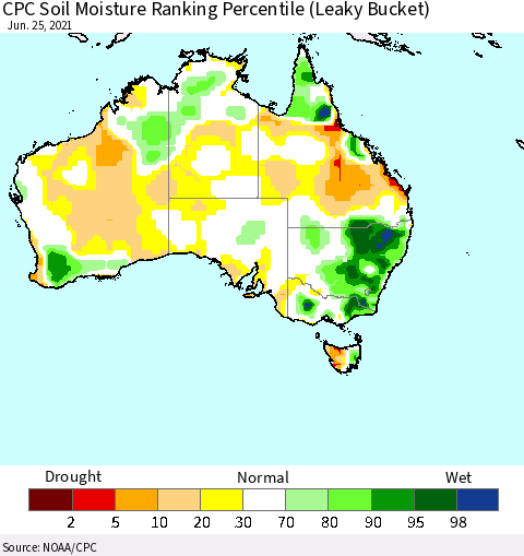 Australia CPC Soil Moisture Ranking Percentile (Leaky Bucket) Thematic Map For 6/21/2021 - 6/25/2021