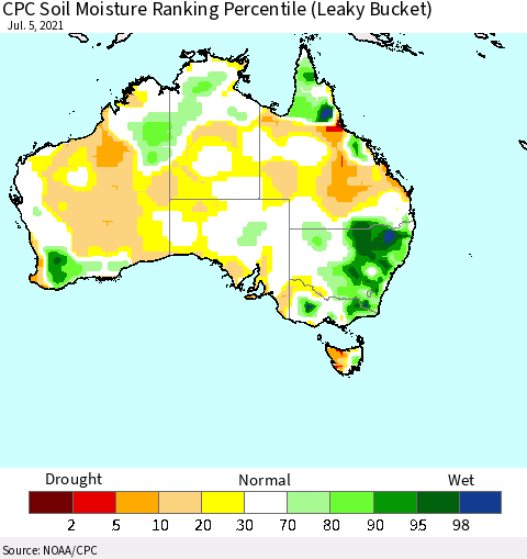 Australia CPC Soil Moisture Ranking Percentile (Leaky Bucket) Thematic Map For 7/1/2021 - 7/5/2021