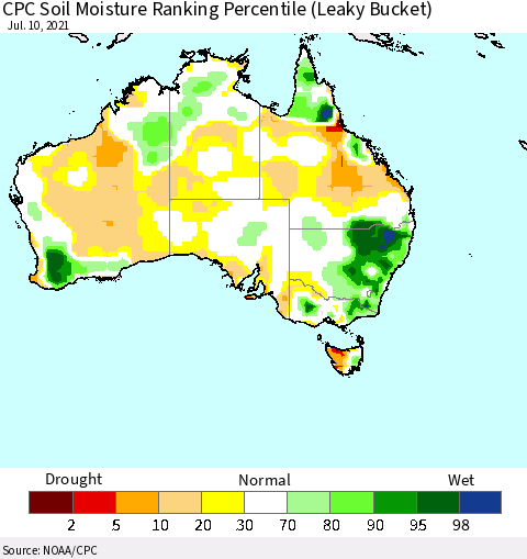 Australia CPC Soil Moisture Ranking Percentile (Leaky Bucket) Thematic Map For 7/6/2021 - 7/10/2021