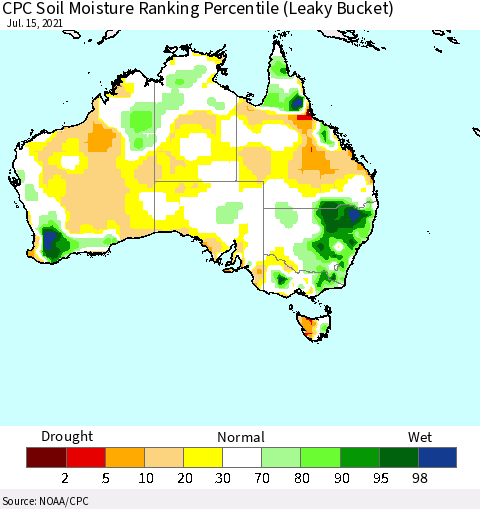 Australia CPC Soil Moisture Ranking Percentile (Leaky Bucket) Thematic Map For 7/11/2021 - 7/15/2021