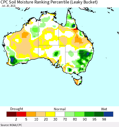 Australia CPC Soil Moisture Ranking Percentile (Leaky Bucket) Thematic Map For 7/16/2021 - 7/20/2021