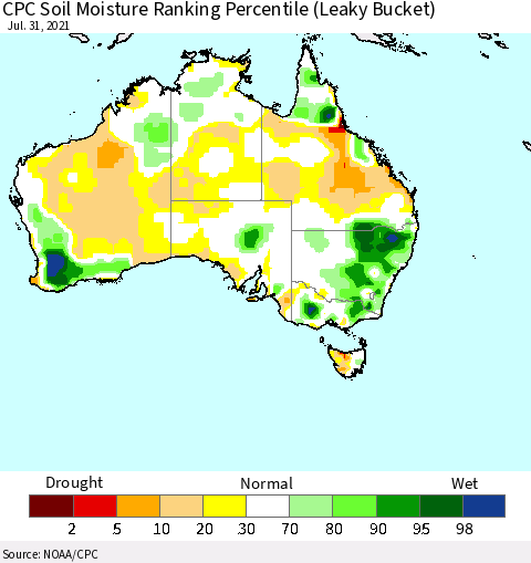 Australia CPC Soil Moisture Ranking Percentile (Leaky Bucket) Thematic Map For 7/26/2021 - 7/31/2021