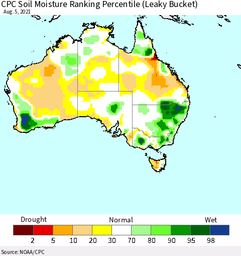 Australia CPC Soil Moisture Ranking Percentile (Leaky Bucket) Thematic Map For 8/1/2021 - 8/5/2021