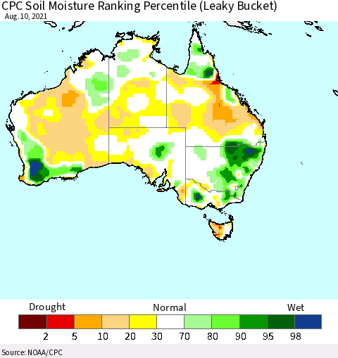 Australia CPC Soil Moisture Ranking Percentile (Leaky Bucket) Thematic Map For 8/6/2021 - 8/10/2021