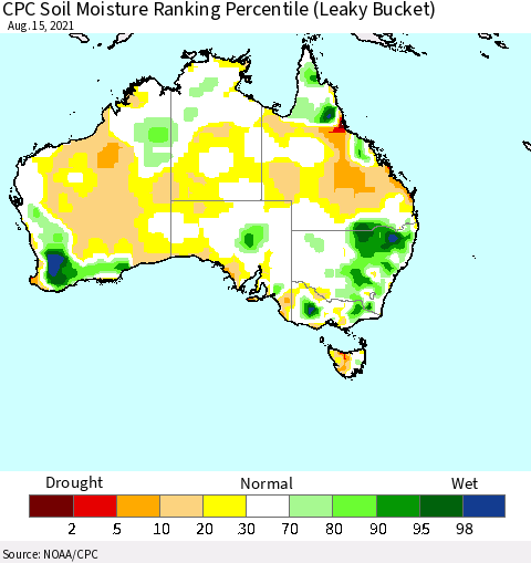 Australia CPC Soil Moisture Ranking Percentile (Leaky Bucket) Thematic Map For 8/11/2021 - 8/15/2021