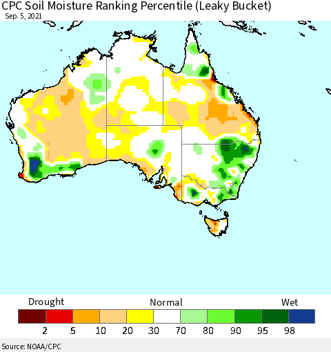 Australia CPC Soil Moisture Ranking Percentile (Leaky Bucket) Thematic Map For 9/1/2021 - 9/5/2021