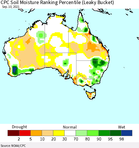 Australia CPC Soil Moisture Ranking Percentile (Leaky Bucket) Thematic Map For 9/6/2021 - 9/10/2021