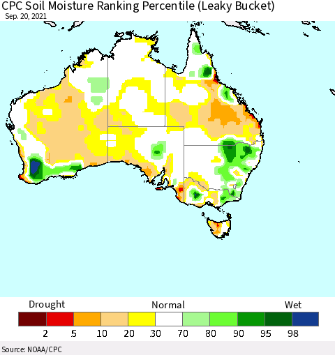 Australia CPC Soil Moisture Ranking Percentile (Leaky Bucket) Thematic Map For 9/16/2021 - 9/20/2021
