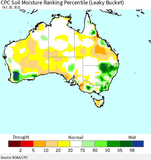 Australia CPC Soil Moisture Ranking Percentile (Leaky Bucket) Thematic Map For 10/16/2021 - 10/20/2021