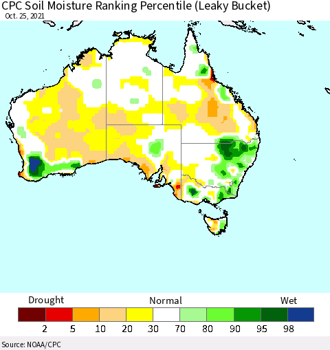 Australia CPC Soil Moisture Ranking Percentile (Leaky Bucket) Thematic Map For 10/21/2021 - 10/25/2021
