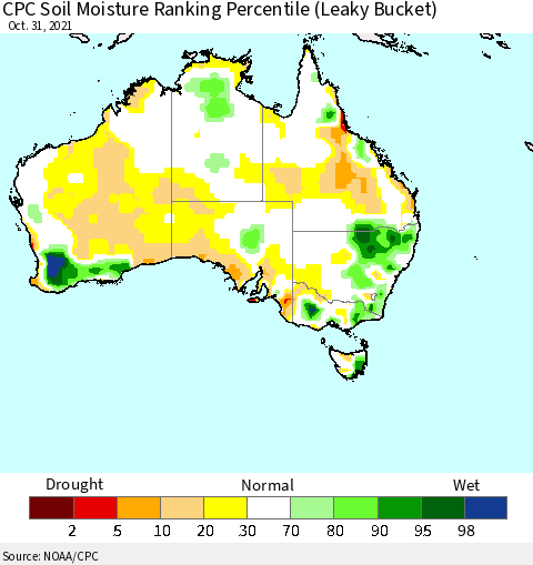 Australia CPC Soil Moisture Ranking Percentile (Leaky Bucket) Thematic Map For 10/26/2021 - 10/31/2021