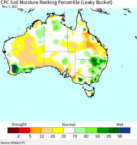 Australia CPC Soil Moisture Ranking Percentile (Leaky Bucket) Thematic Map For 11/1/2021 - 11/5/2021