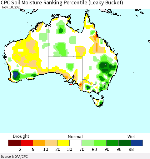 Australia CPC Soil Moisture Ranking Percentile (Leaky Bucket) Thematic Map For 11/6/2021 - 11/10/2021