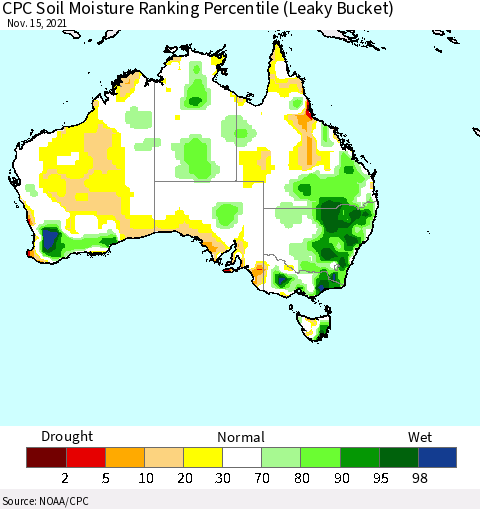 Australia CPC Soil Moisture Ranking Percentile (Leaky Bucket) Thematic Map For 11/11/2021 - 11/15/2021