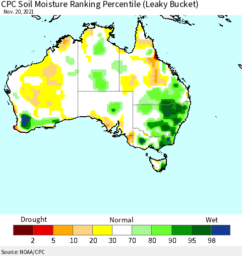 Australia CPC Soil Moisture Ranking Percentile (Leaky Bucket) Thematic Map For 11/16/2021 - 11/20/2021