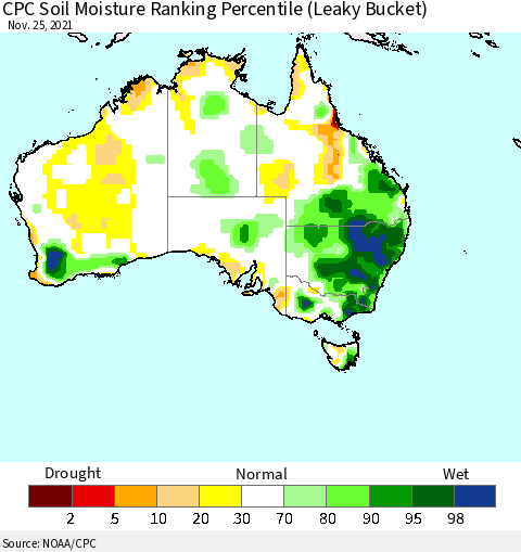 Australia CPC Soil Moisture Ranking Percentile (Leaky Bucket) Thematic Map For 11/21/2021 - 11/25/2021