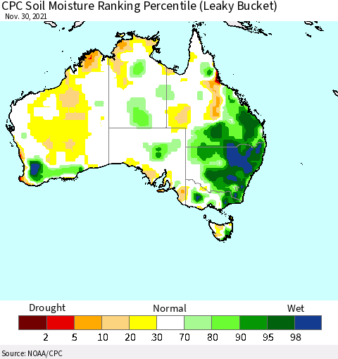 Australia CPC Soil Moisture Ranking Percentile (Leaky Bucket) Thematic Map For 11/26/2021 - 11/30/2021