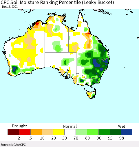 Australia CPC Soil Moisture Ranking Percentile (Leaky Bucket) Thematic Map For 12/1/2021 - 12/5/2021