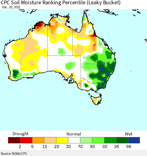 Australia CPC Soil Moisture Ranking Percentile (Leaky Bucket) Thematic Map For 12/16/2021 - 12/20/2021