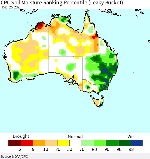 Australia CPC Soil Moisture Ranking Percentile (Leaky Bucket) Thematic Map For 12/21/2021 - 12/25/2021
