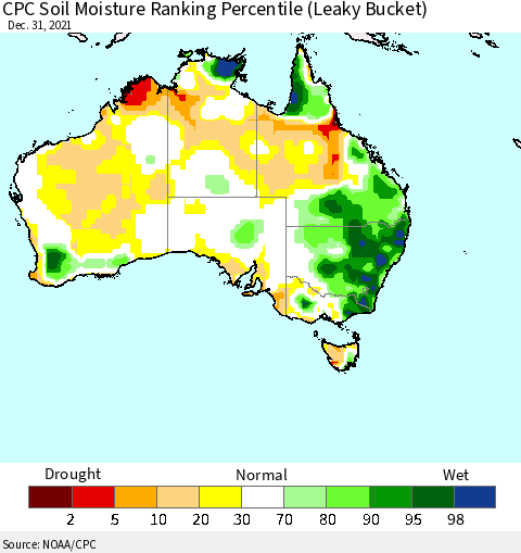 Australia CPC Soil Moisture Ranking Percentile (Leaky Bucket) Thematic Map For 12/26/2021 - 12/31/2021