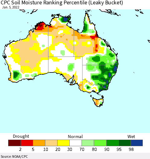 Australia CPC Soil Moisture Ranking Percentile (Leaky Bucket) Thematic Map For 1/1/2022 - 1/5/2022