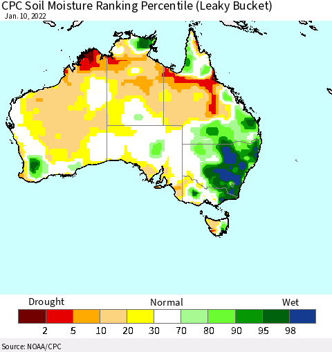 Australia CPC Soil Moisture Ranking Percentile (Leaky Bucket) Thematic Map For 1/6/2022 - 1/10/2022