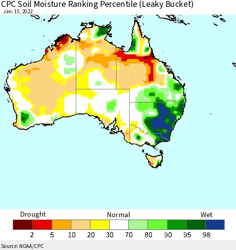 Australia CPC Soil Moisture Ranking Percentile (Leaky Bucket) Thematic Map For 1/11/2022 - 1/15/2022