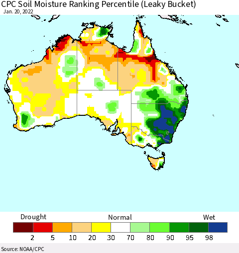 Australia CPC Soil Moisture Ranking Percentile (Leaky Bucket) Thematic Map For 1/16/2022 - 1/20/2022
