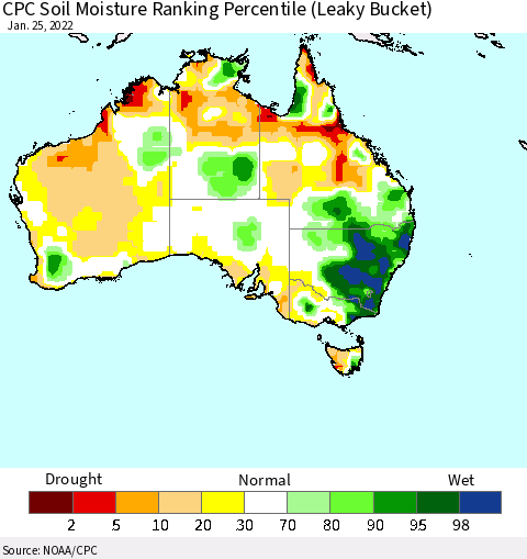 Australia CPC Soil Moisture Ranking Percentile (Leaky Bucket) Thematic Map For 1/21/2022 - 1/25/2022