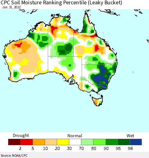 Australia CPC Soil Moisture Ranking Percentile (Leaky Bucket) Thematic Map For 1/26/2022 - 1/31/2022
