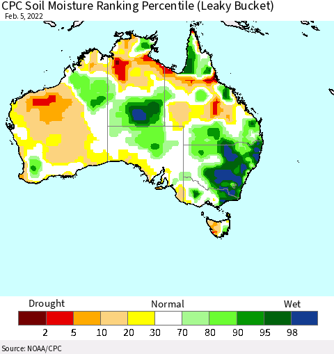 Australia CPC Soil Moisture Ranking Percentile (Leaky Bucket) Thematic Map For 2/1/2022 - 2/5/2022
