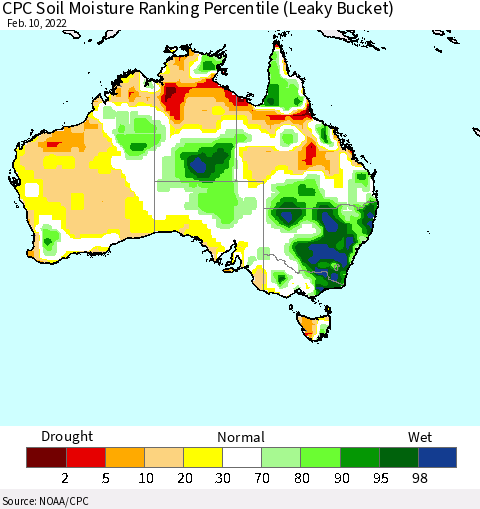 Australia CPC Soil Moisture Ranking Percentile (Leaky Bucket) Thematic Map For 2/6/2022 - 2/10/2022