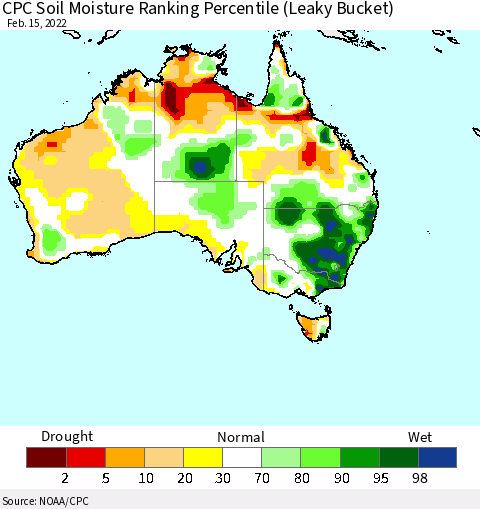 Australia CPC Soil Moisture Ranking Percentile (Leaky Bucket) Thematic Map For 2/11/2022 - 2/15/2022