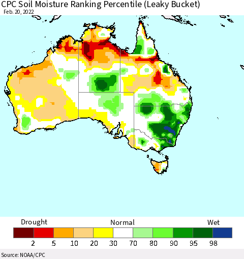 Australia CPC Soil Moisture Ranking Percentile (Leaky Bucket) Thematic Map For 2/16/2022 - 2/20/2022