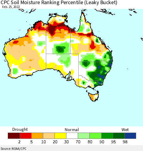 Australia CPC Soil Moisture Ranking Percentile (Leaky Bucket) Thematic Map For 2/21/2022 - 2/25/2022