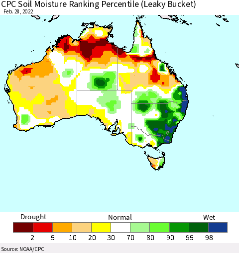 Australia CPC Soil Moisture Ranking Percentile (Leaky Bucket) Thematic Map For 2/26/2022 - 2/28/2022