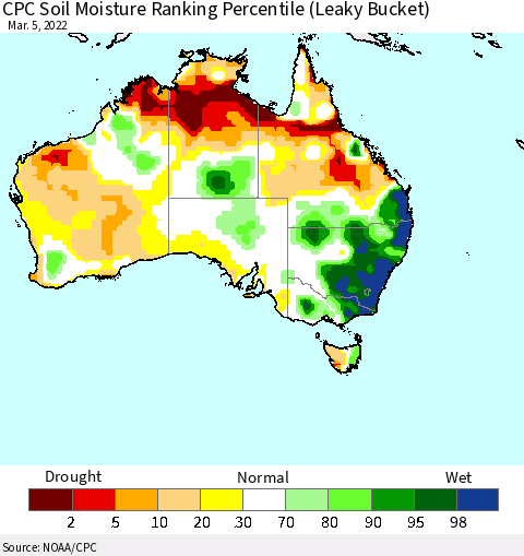 Australia CPC Soil Moisture Ranking Percentile (Leaky Bucket) Thematic Map For 3/1/2022 - 3/5/2022