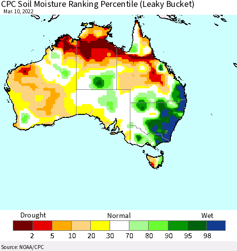 Australia CPC Soil Moisture Ranking Percentile (Leaky Bucket) Thematic Map For 3/6/2022 - 3/10/2022