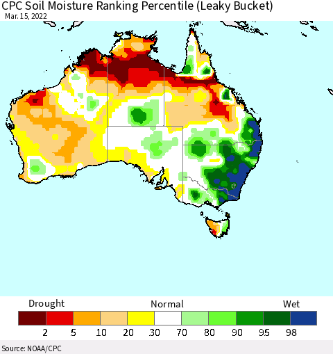 Australia CPC Soil Moisture Ranking Percentile (Leaky Bucket) Thematic Map For 3/11/2022 - 3/15/2022