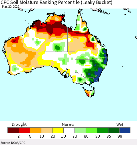 Australia CPC Soil Moisture Ranking Percentile (Leaky Bucket) Thematic Map For 3/16/2022 - 3/20/2022
