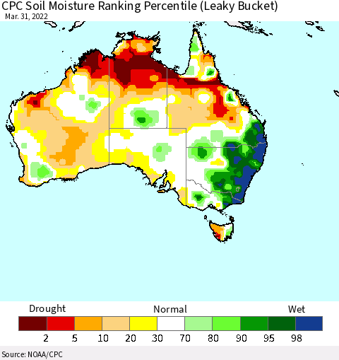 Australia CPC Soil Moisture Ranking Percentile (Leaky Bucket) Thematic Map For 3/26/2022 - 3/31/2022