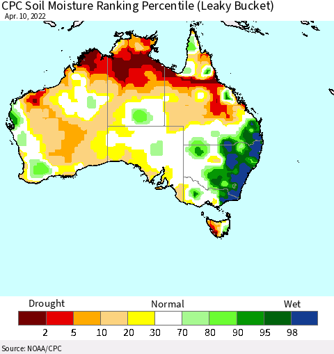 Australia CPC Soil Moisture Ranking Percentile (Leaky Bucket) Thematic Map For 4/6/2022 - 4/10/2022