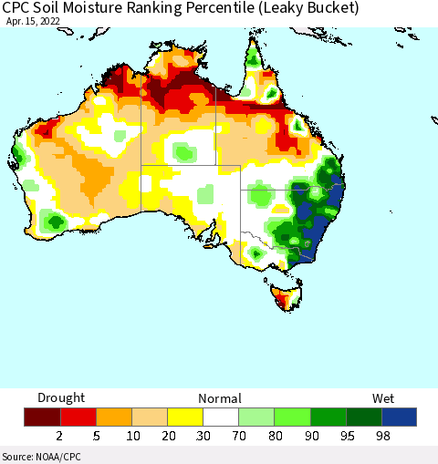 Australia CPC Soil Moisture Ranking Percentile (Leaky Bucket) Thematic Map For 4/11/2022 - 4/15/2022