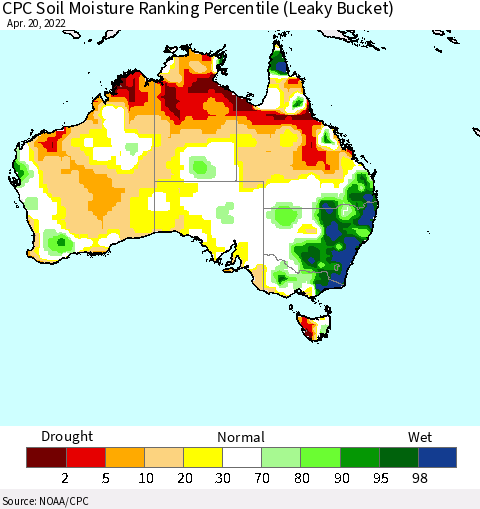 Australia CPC Soil Moisture Ranking Percentile (Leaky Bucket) Thematic Map For 4/16/2022 - 4/20/2022