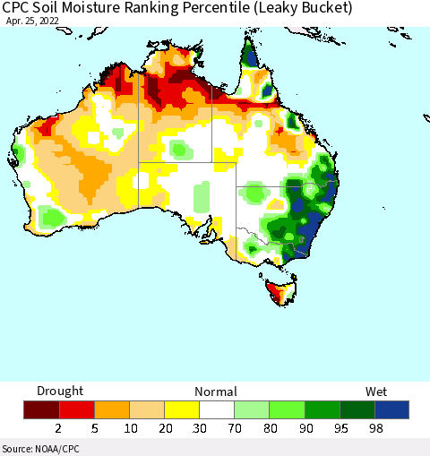 Australia CPC Soil Moisture Ranking Percentile (Leaky Bucket) Thematic Map For 4/21/2022 - 4/25/2022