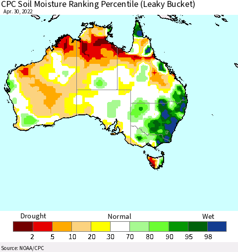 Australia CPC Soil Moisture Ranking Percentile (Leaky Bucket) Thematic Map For 4/26/2022 - 4/30/2022